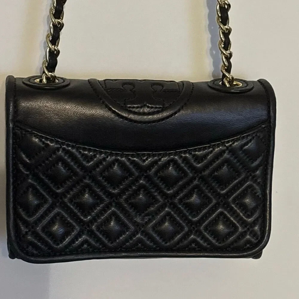 Tory Burch Fleming black soft leather quilted convertible purse crossbod shouldr